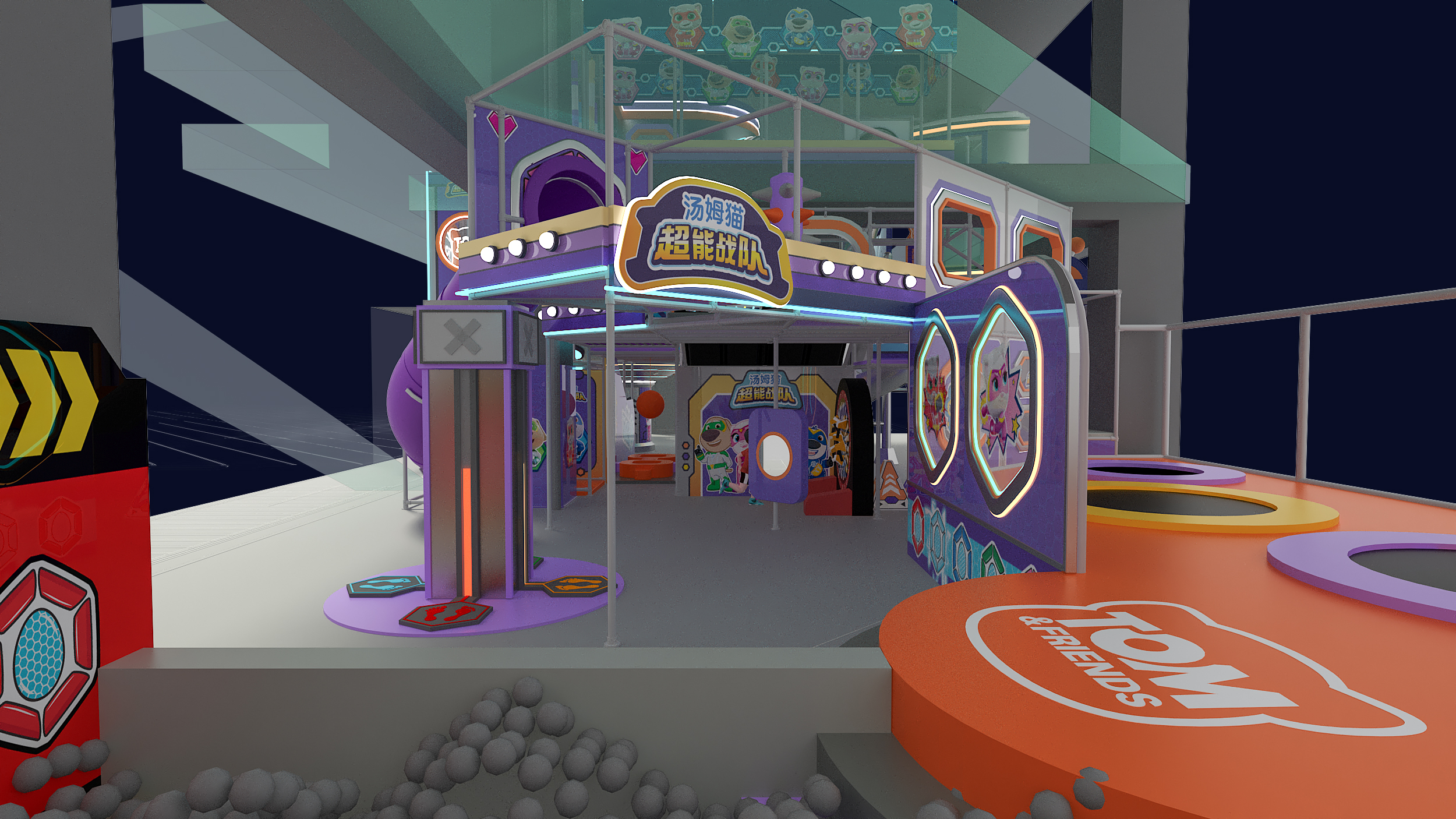 Design visualization of interactive sports and wall-game zones within the themed park