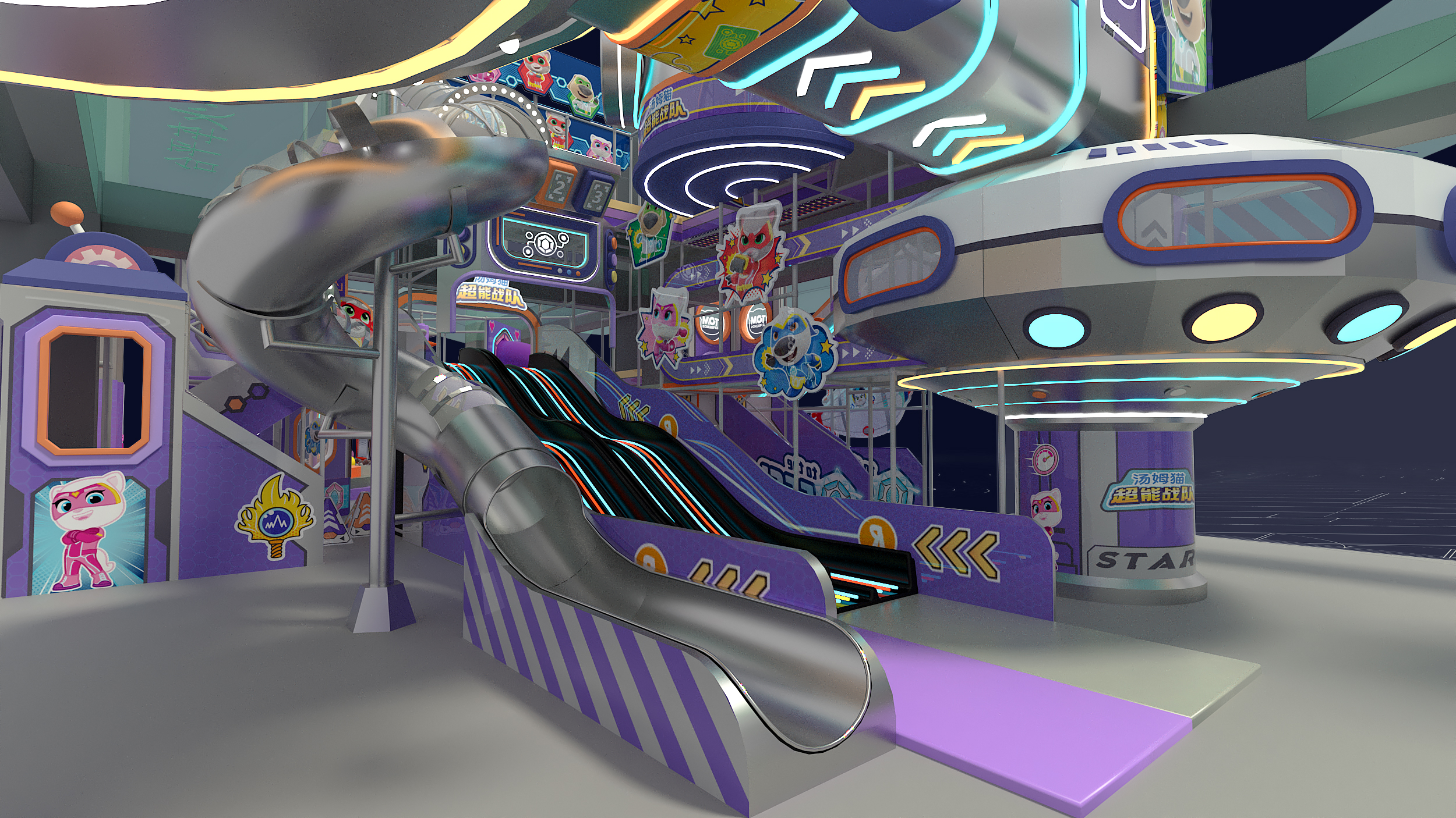 Design visualization of the Talking Tom superhero-themed indoor playground in Shanghai