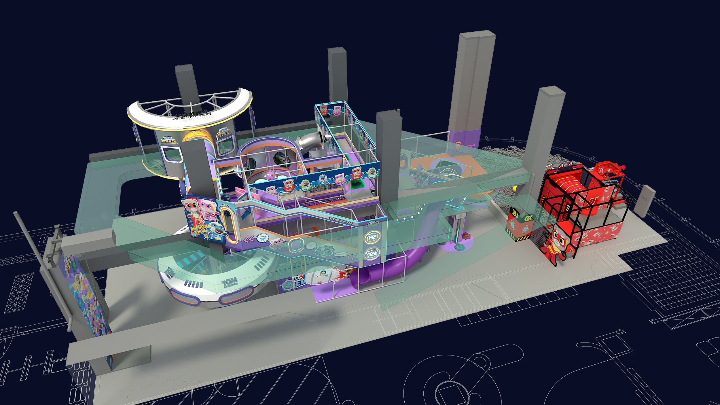 Overall spatial visualization showing the compact multi-zone indoor park layout