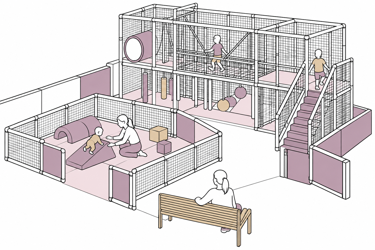 Place parent seating near toddler play, keep clear views into the larger structure and provide easy access to both areas.