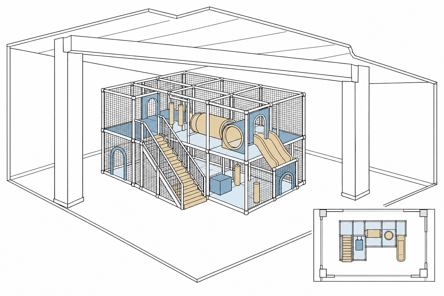 Plan the play structure around the beams and columns, with enough height for play and clear routes around it.