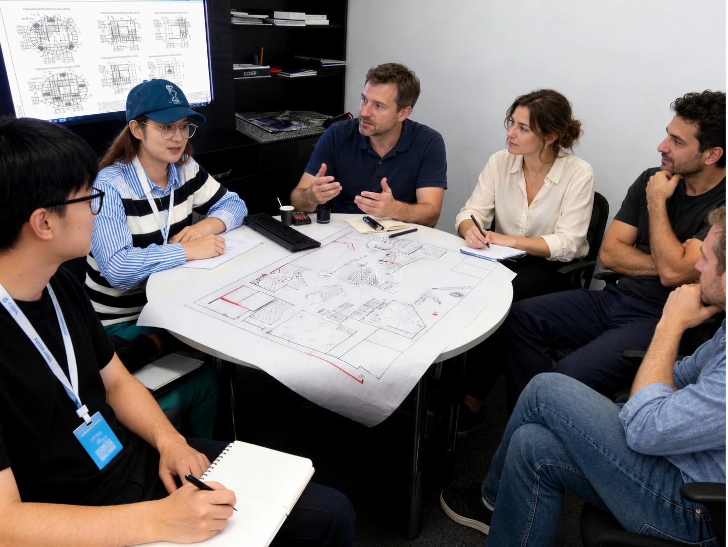 Project planning discussion around a floor plan
